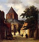 Background Canvas Paintings - Figures In The Streets Of A Dutch Town, A Church In The Background